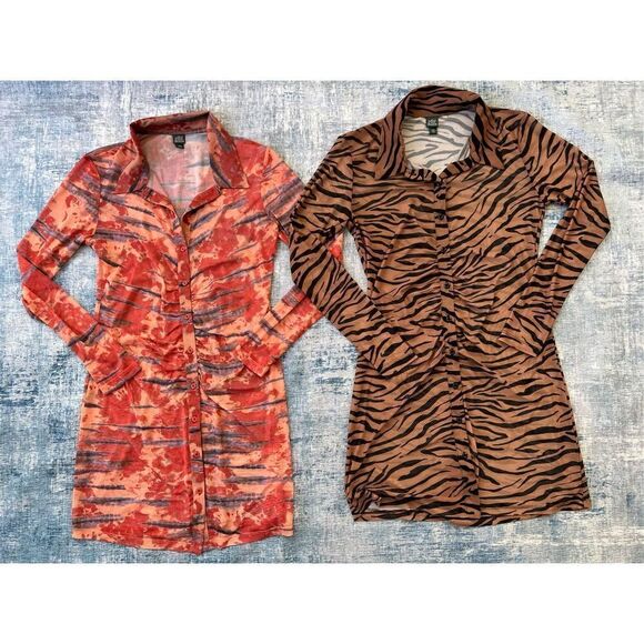 Wild Fable Long Sleeve Button Front Mesh Dress Orange Tie Dye Animal Lot of 2 XS - Picture 1 of 9